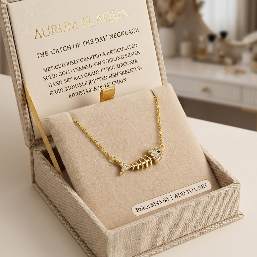 Gold-tone fishbone charm necklace on beige jewelry display cushion