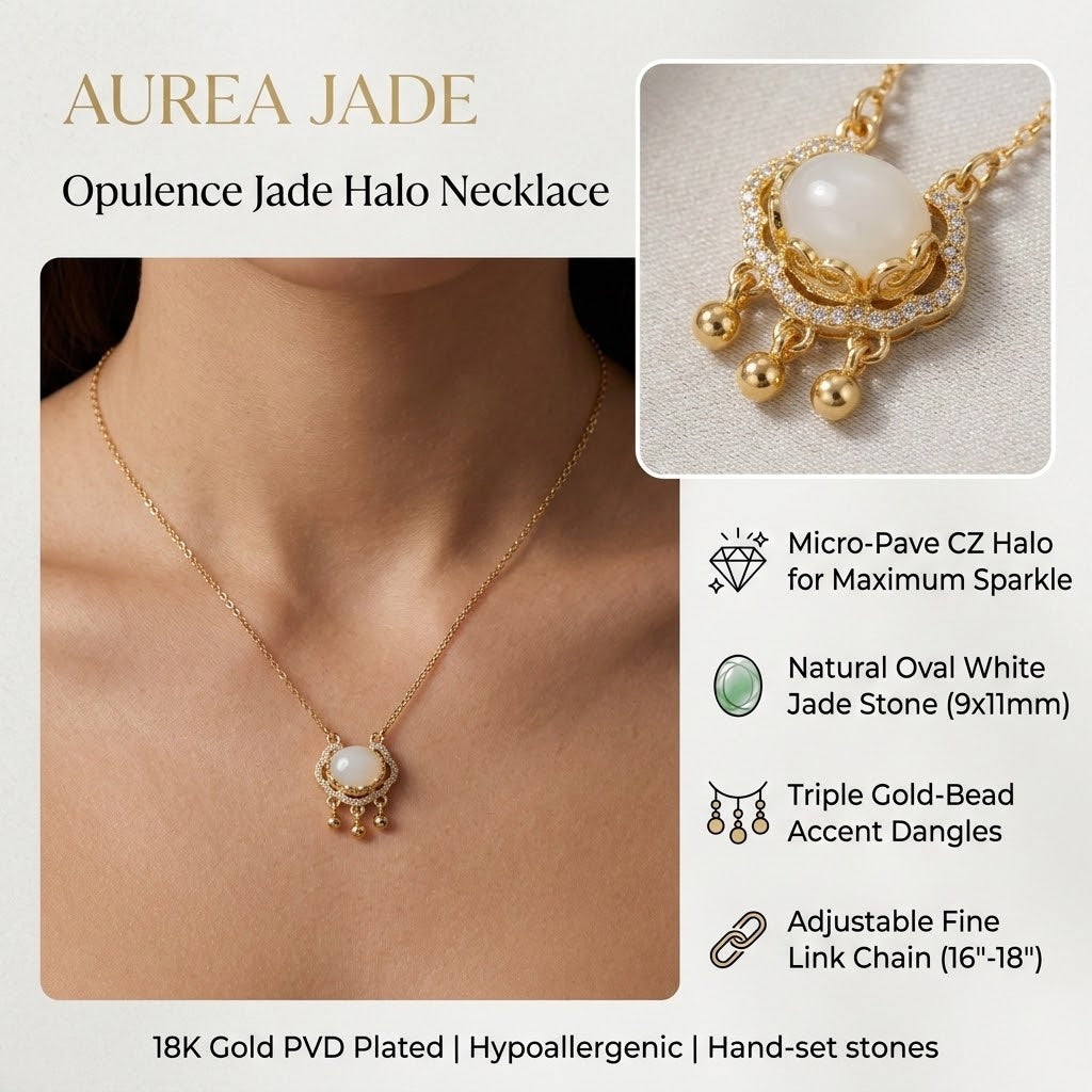 Gold necklace with oval white stone pendant, crystal halo, and bead dangles