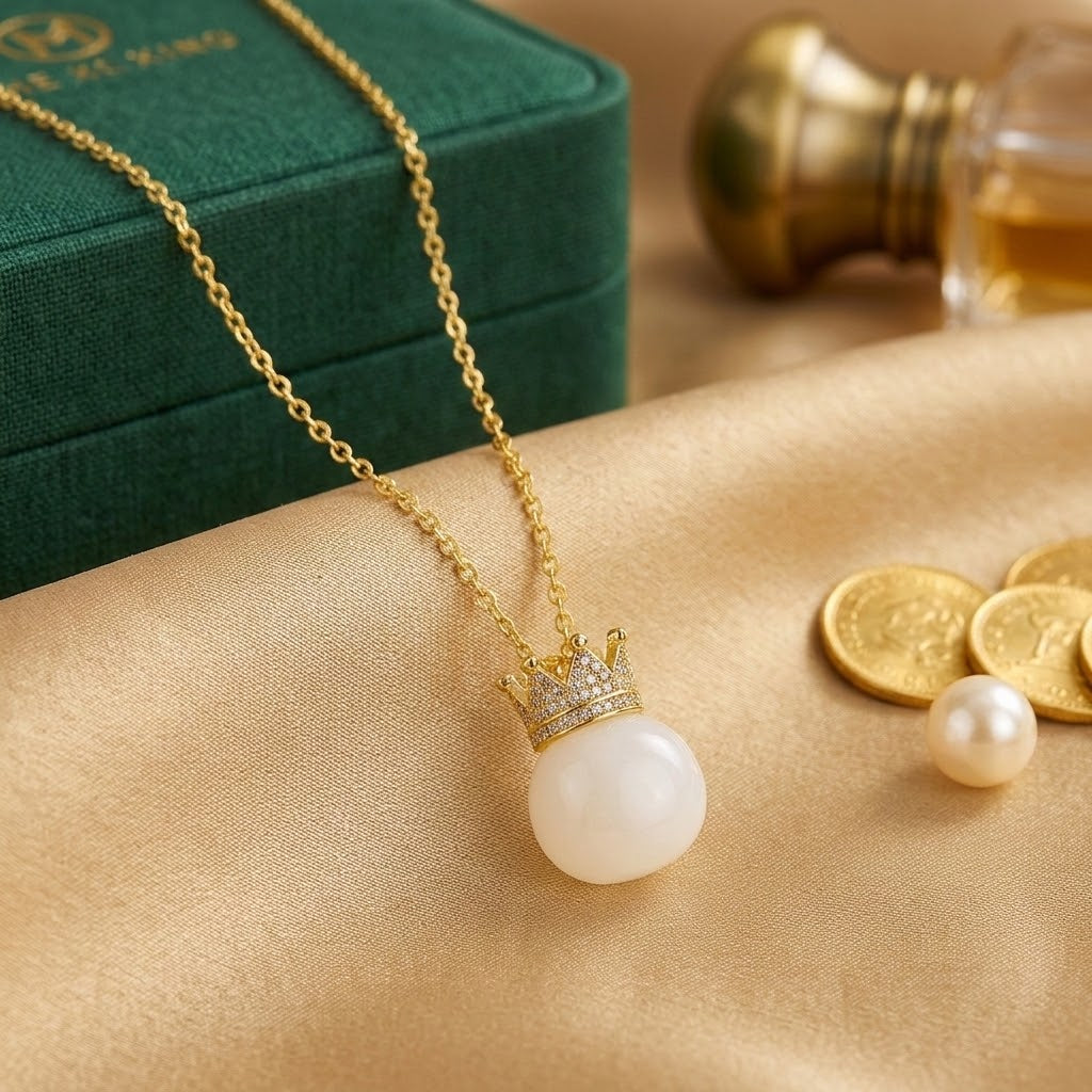 Gold-tone necklace with small crown charm and white bead pendant on fine chain