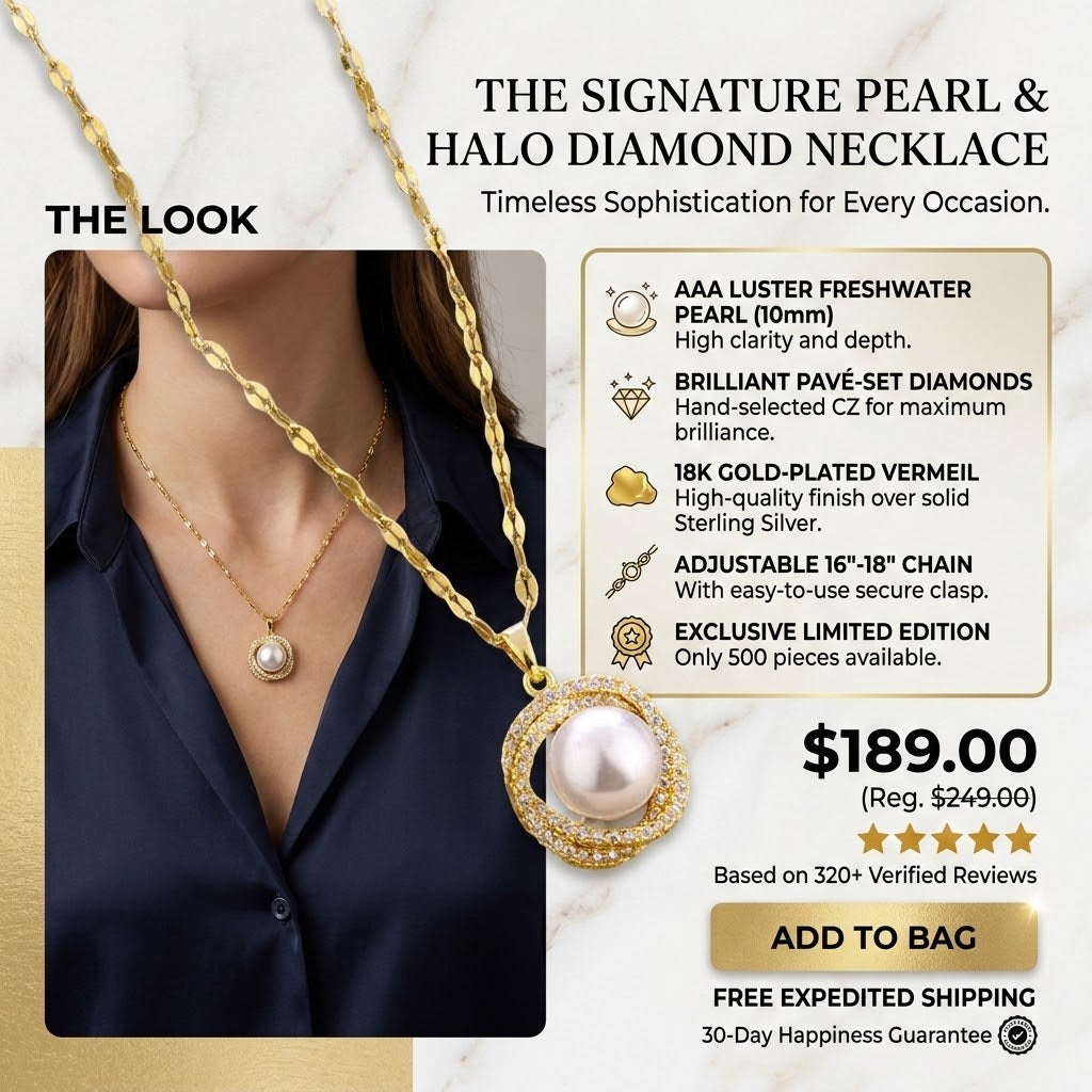 Gold chain pearl halo pendant necklace with round white pearl at center