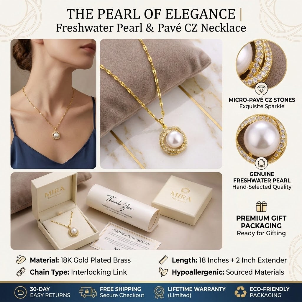 Pearl pendant necklace with gold chain and pavé CZ halo