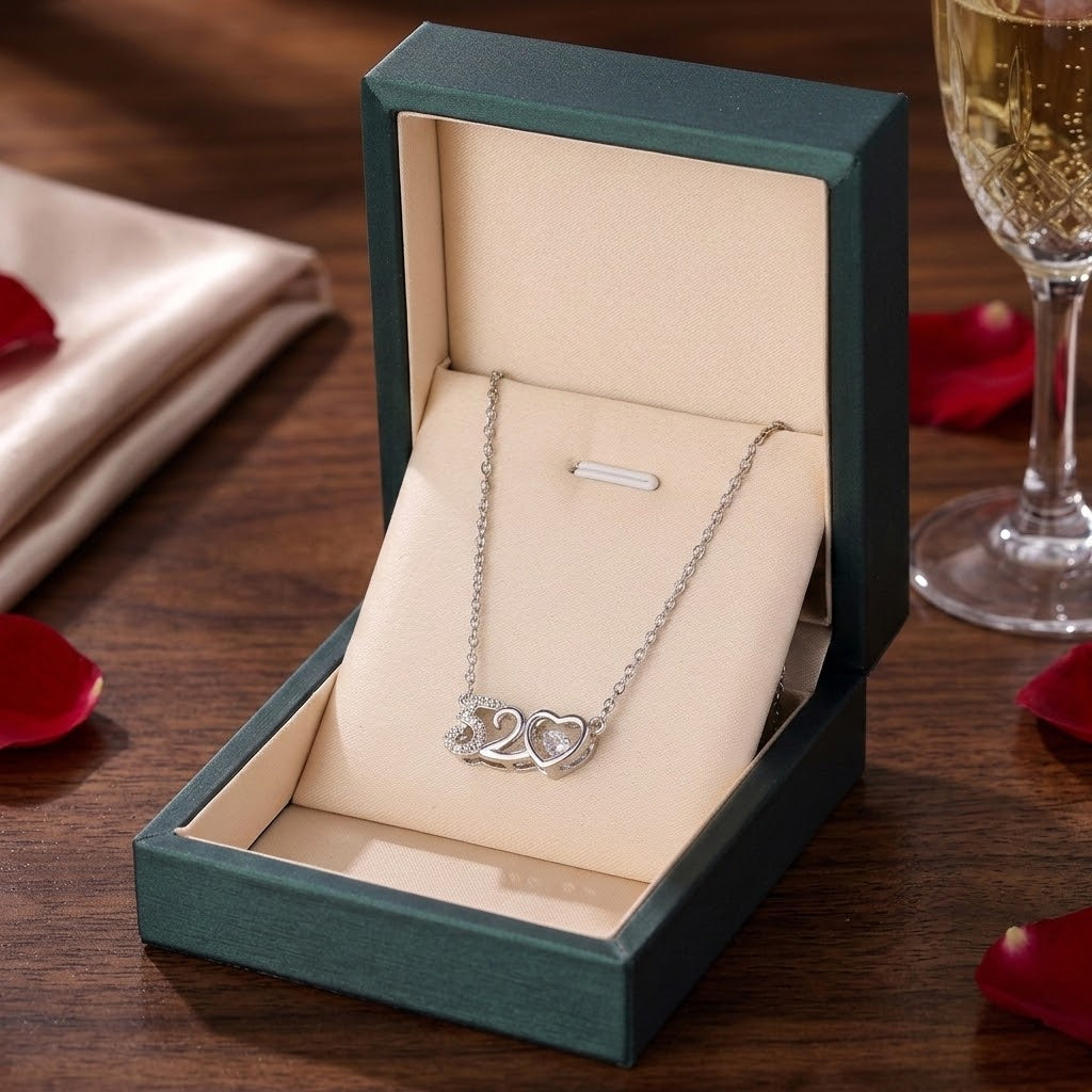 Silver-tone '520' heart pendant necklace with round crystal details