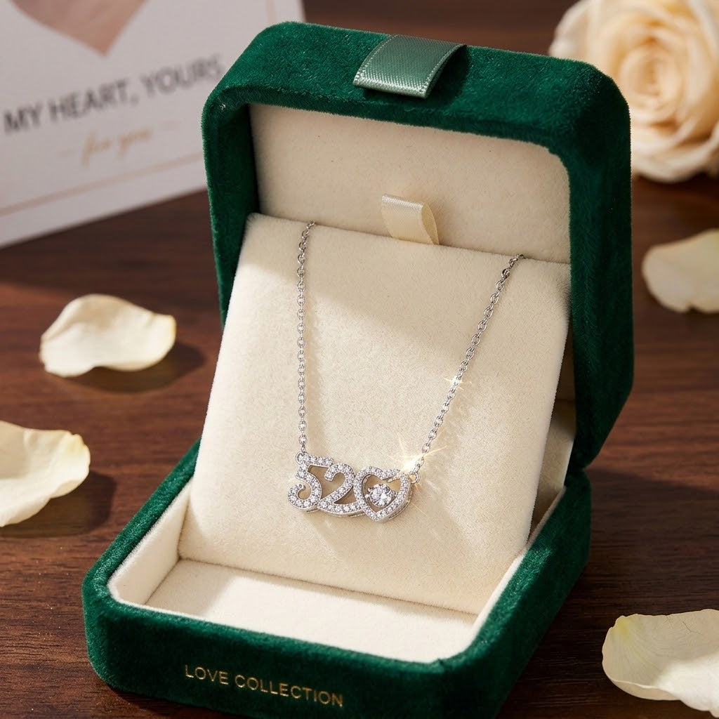 Heart and 520 charm necklace with rhinestone accents, in green gift box