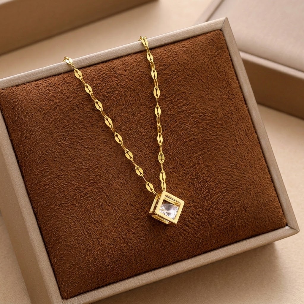 Gold square charm necklace with clear cubic pendant and twist-style link chain