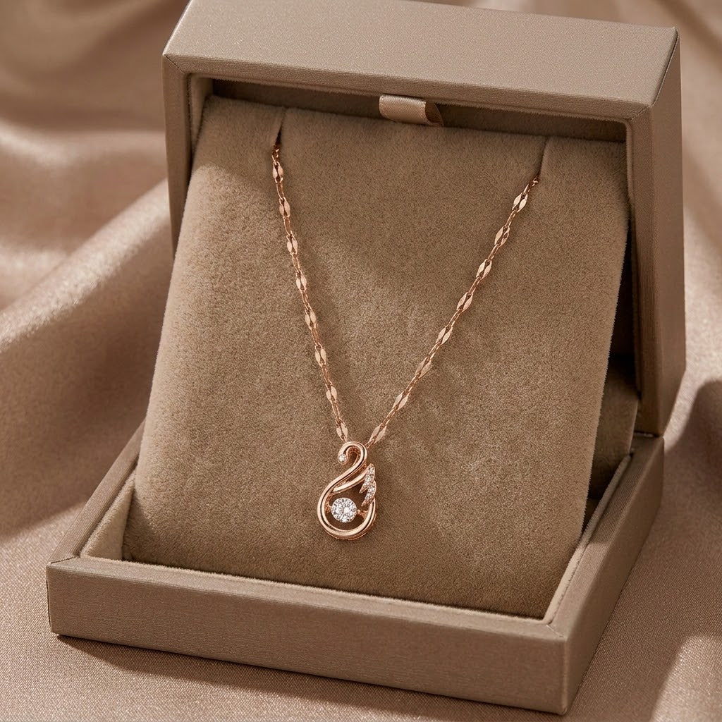 Rose gold swan charm pendant necklace with small round sparkle stones, link chain
