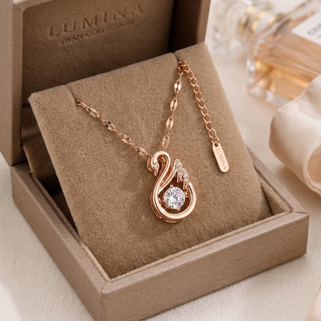 Rose gold swan charm necklace with heart-like swan pendant and round sparkle stones