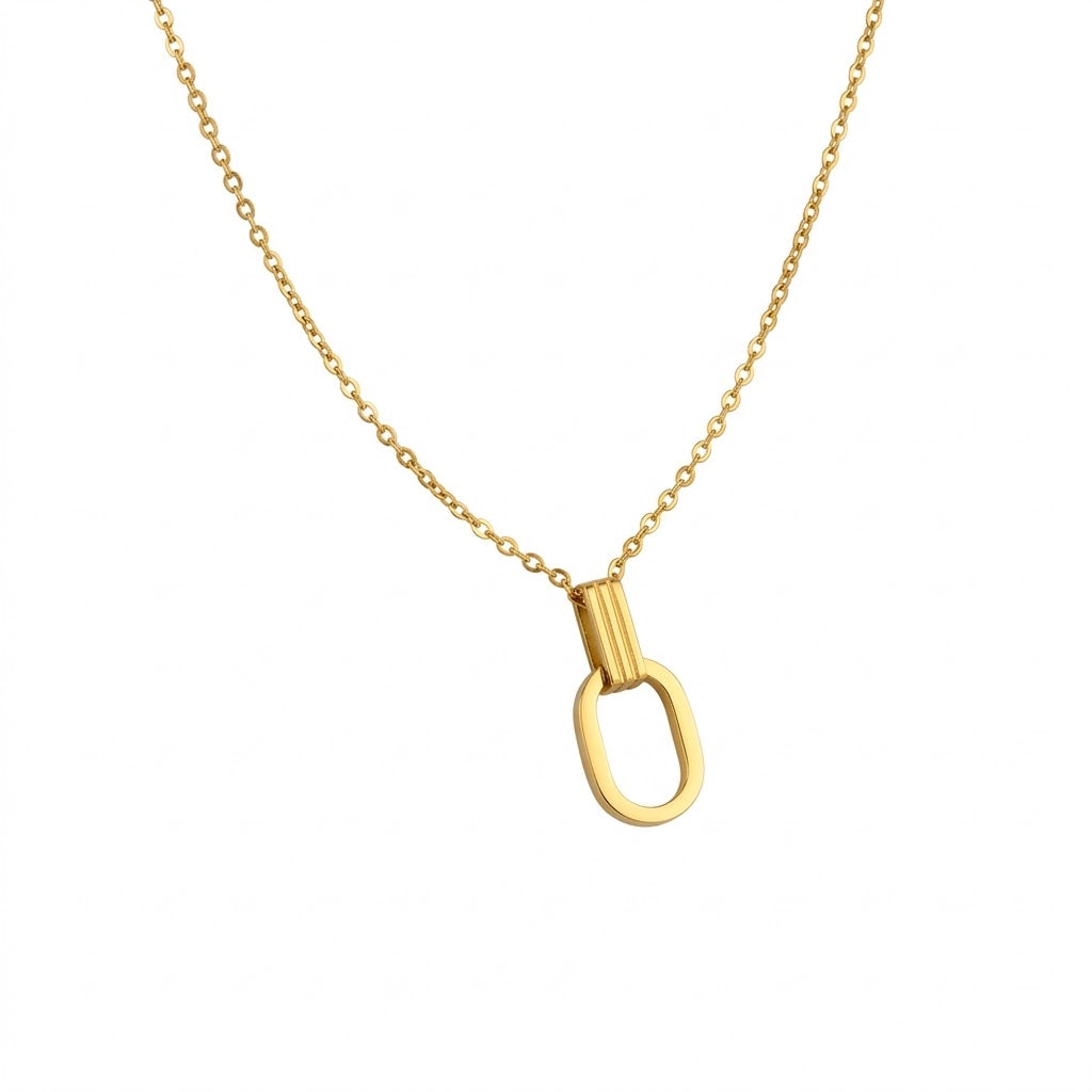 Gold O-shaped charm pendant necklace with linked chain and open oval center