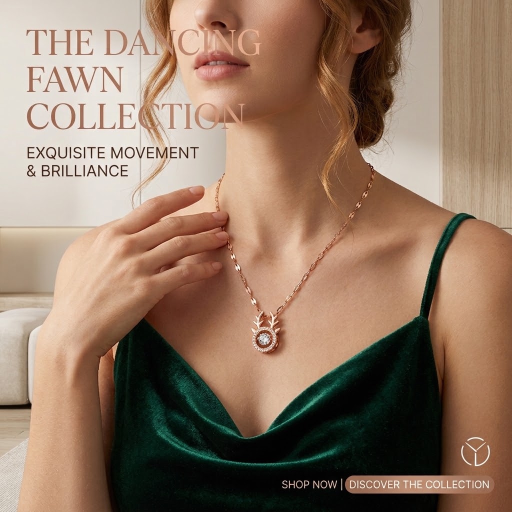 Rose-gold deer-branch charm necklace with circular crystal halo pendant