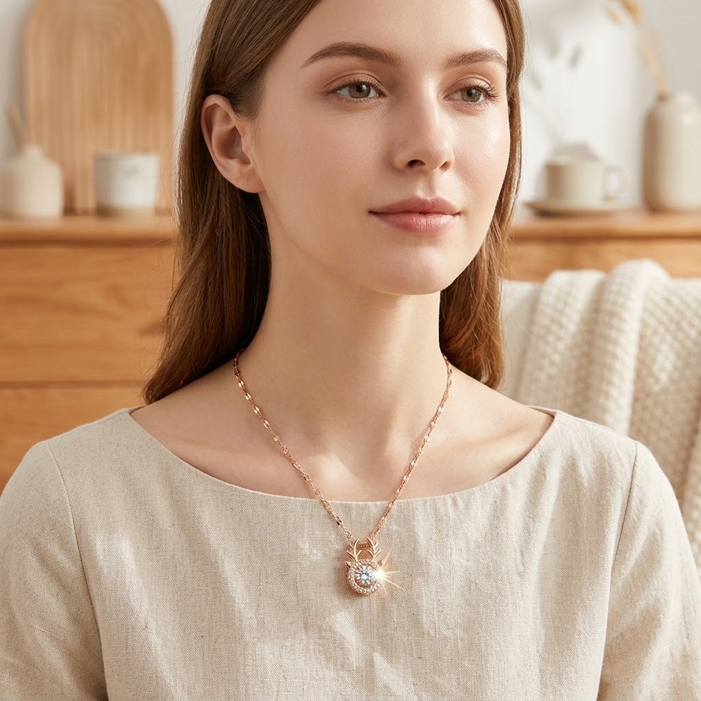 Rose-gold branch charm necklace with small round crystal pendant at neckline