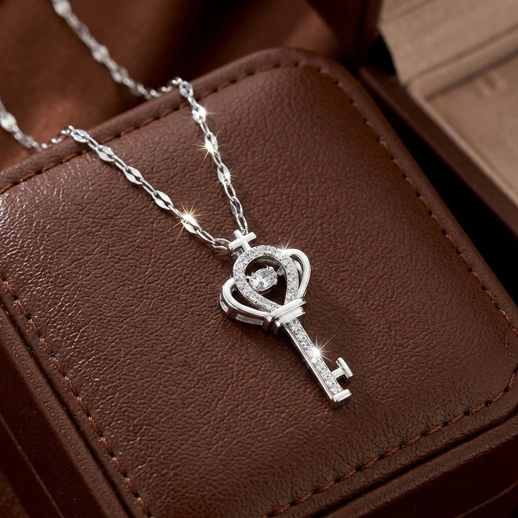 Silver crown heart key charm necklace with heart halo and cross key pendant