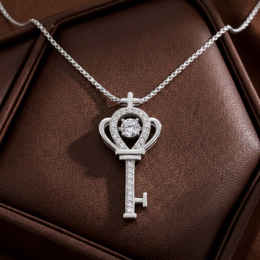 Silver crown heart key charm necklace with heart gemstone halo and key charm