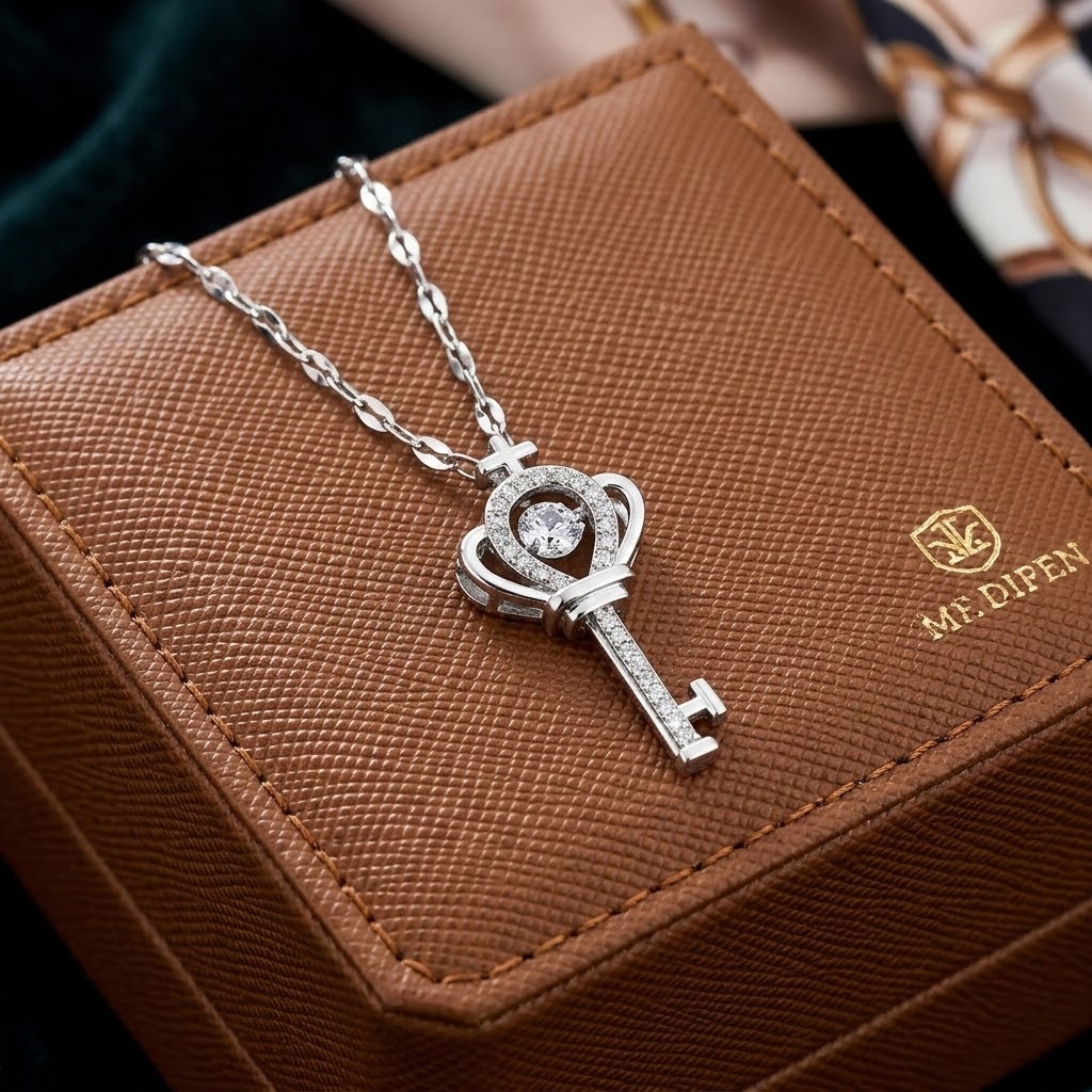 Silver key and crown charm necklace on linked chain