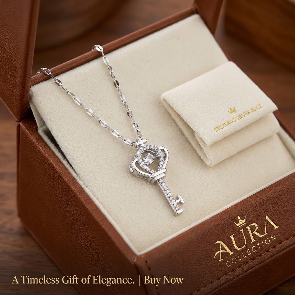 Silver key-and-crown charm necklace displayed in a jewelry gift box
