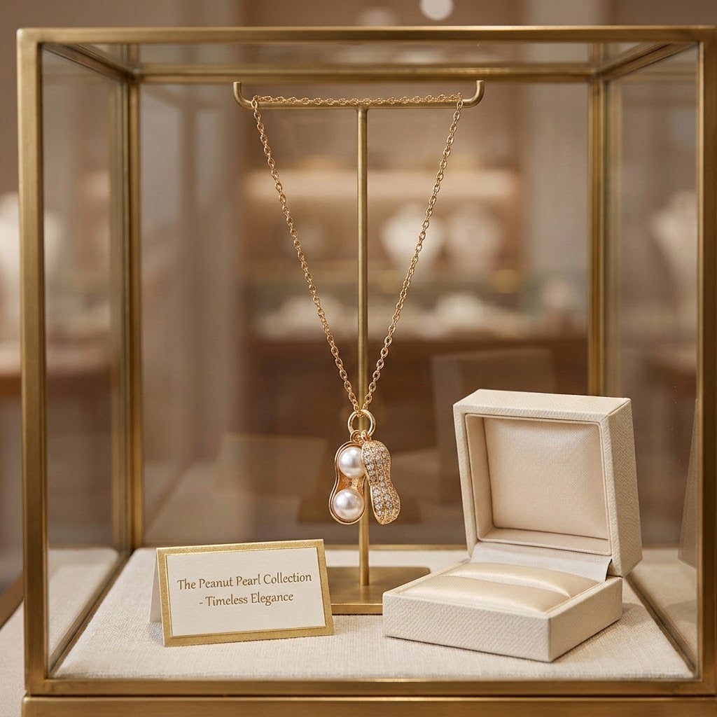 Gold-tone peanut-shaped pearl charm necklace with white pearl beads and crystal accents