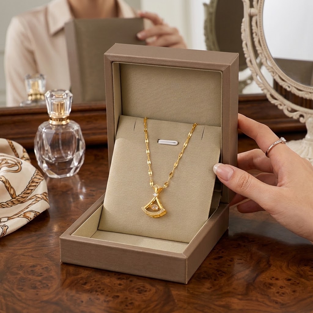 Gold-tone petal pendant necklace with teardrop charm and clear stone center.