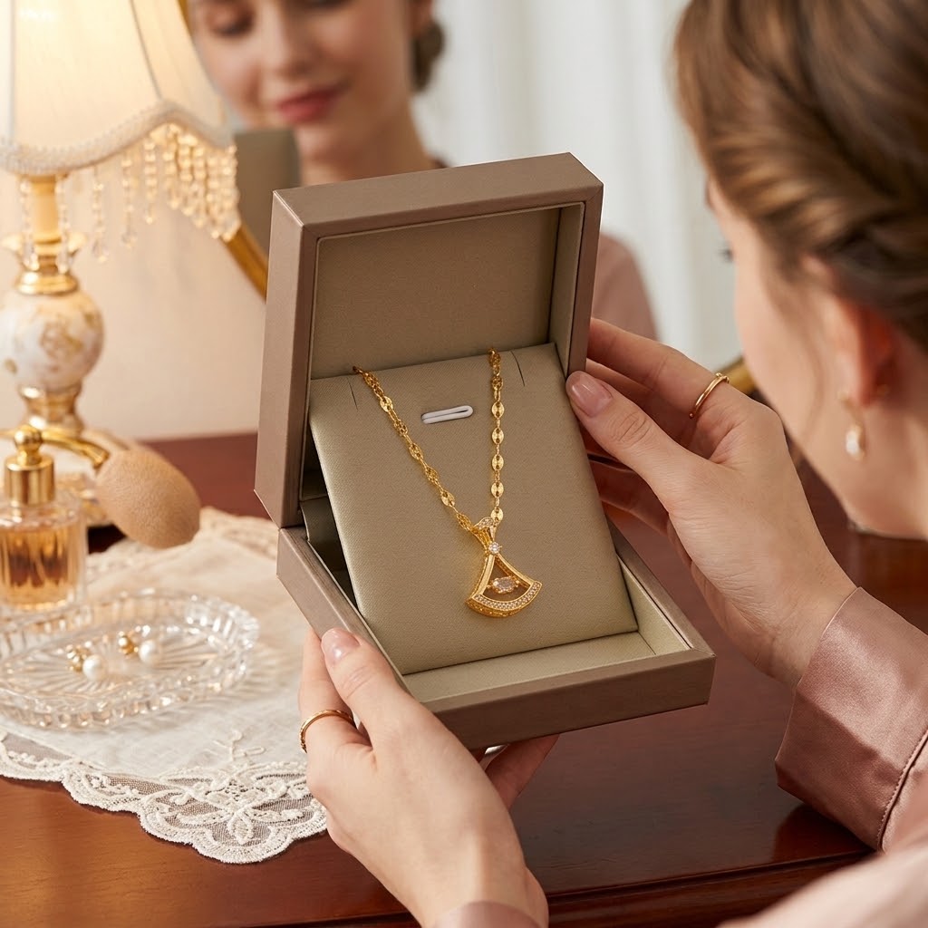 Gold-tone petal pendant necklace with teardrop pendant and small clear stones.