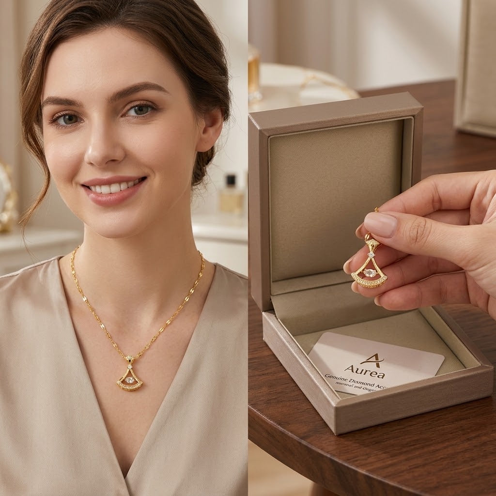 Gold-tone petal pendant necklace with teardrop charm and sparkling clear stones.