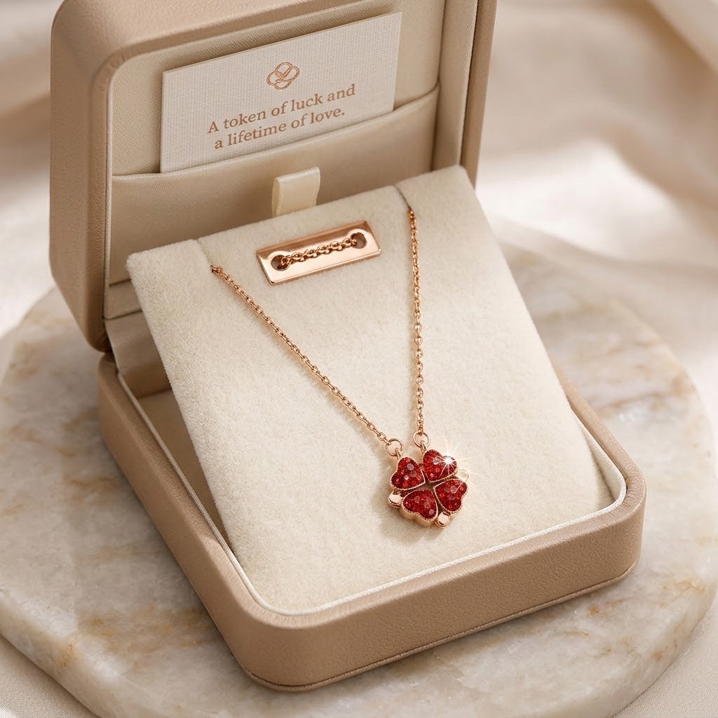 Rose-gold tone necklace set with red heart flower pendant and matching earrings