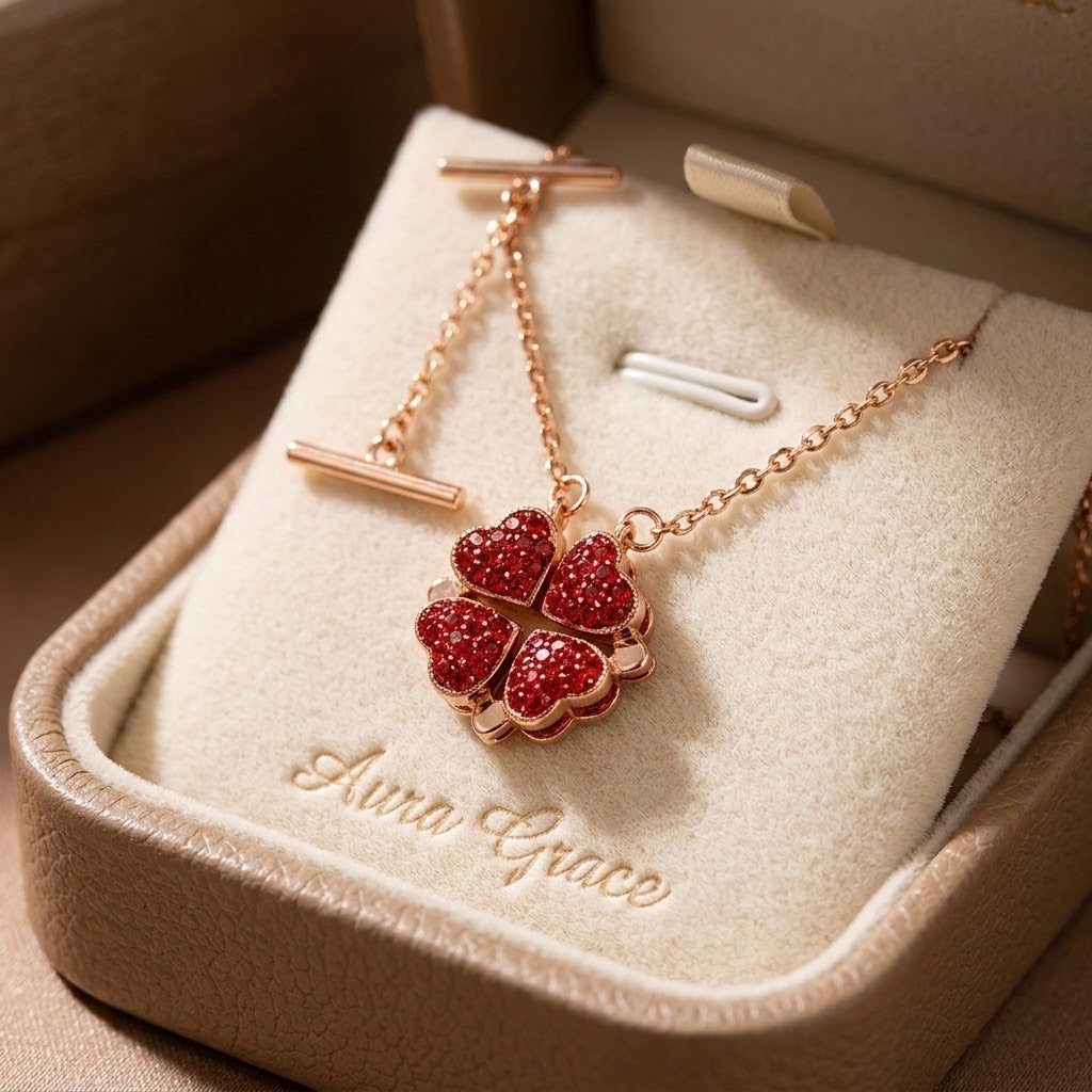 Rose-gold necklace with red glitter heart flower pendant on beige cushion tray