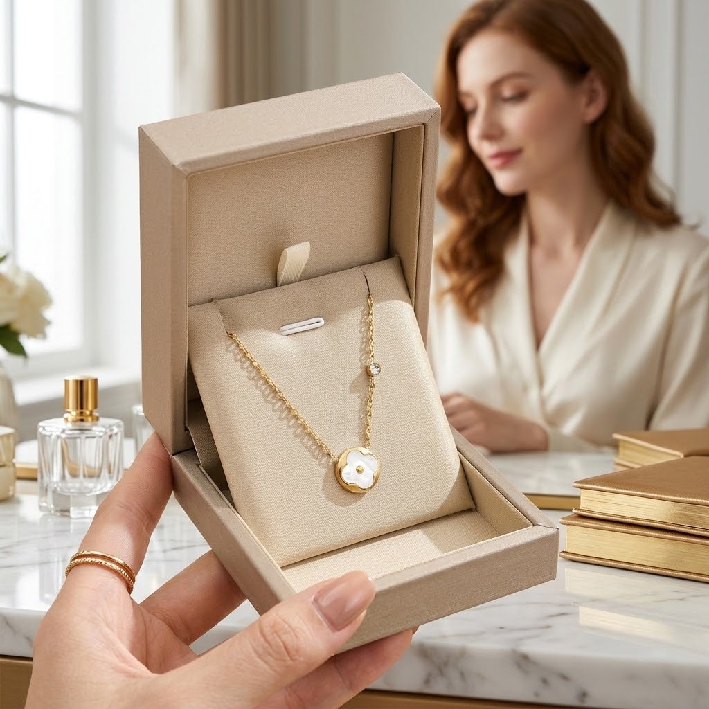 Gold-tone flower petal pendant necklace with round white inlay and fine link chain