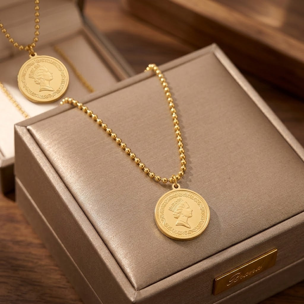 Gold coin charm pendant necklace with round medallion on beaded chain, shown in box