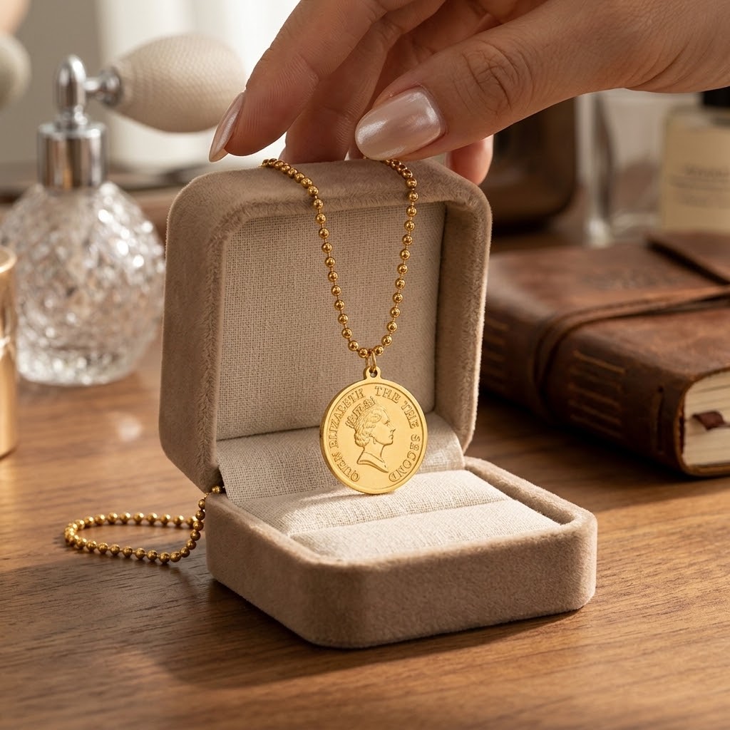 Gold coin charm pendant necklace with beaded chain and round medallion in jewelry stand