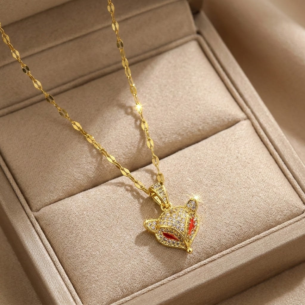 Gold-tone chain necklace with fox pendant charm featuring red enamel and clear stones