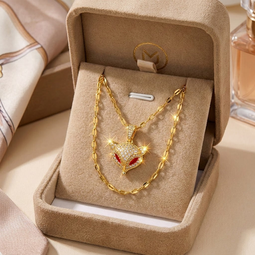 Gold-tone fox head charm necklace on beige display box, two-layer chain style