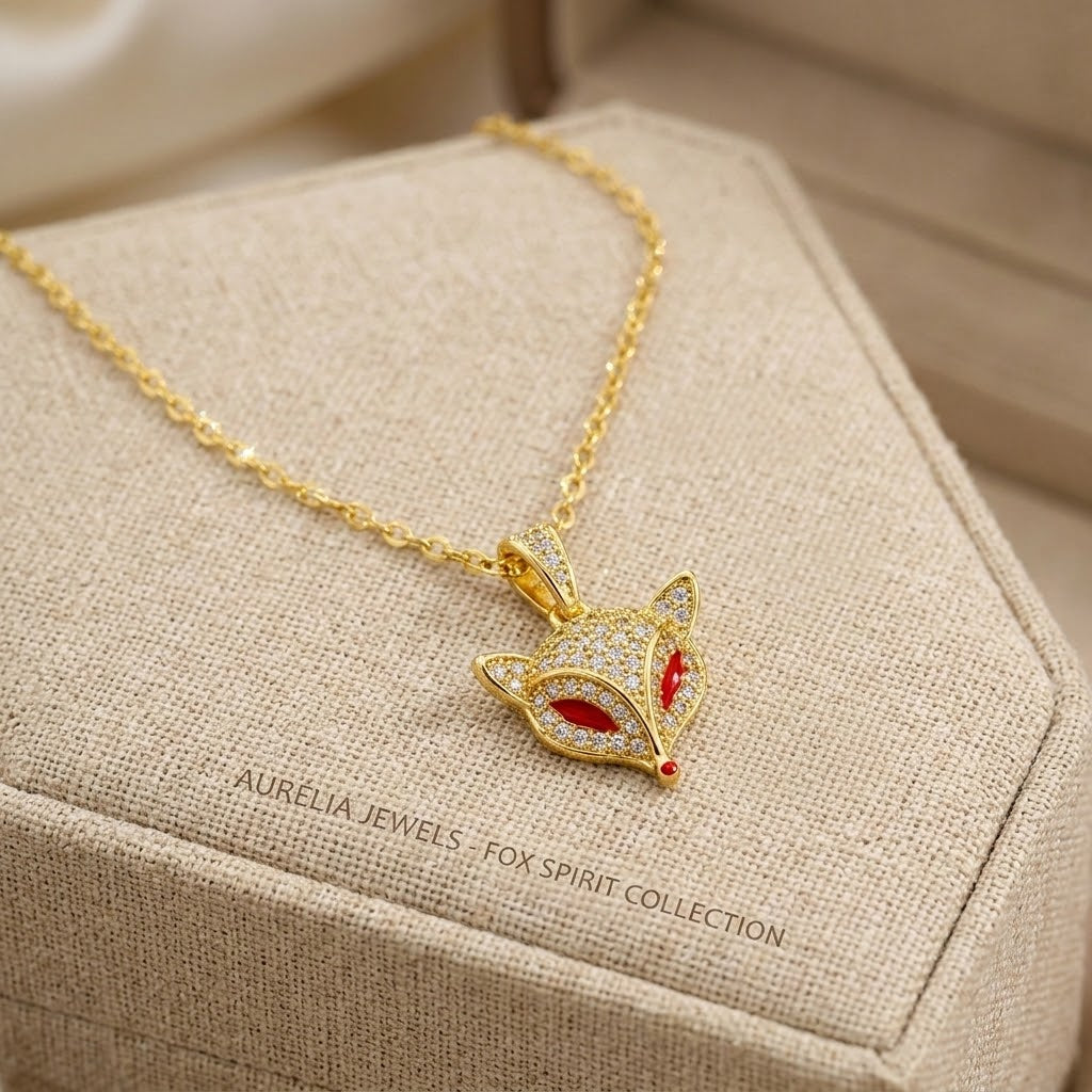 Gold-tone fox head pendant necklace with red enamel details and sparkling crystal accents