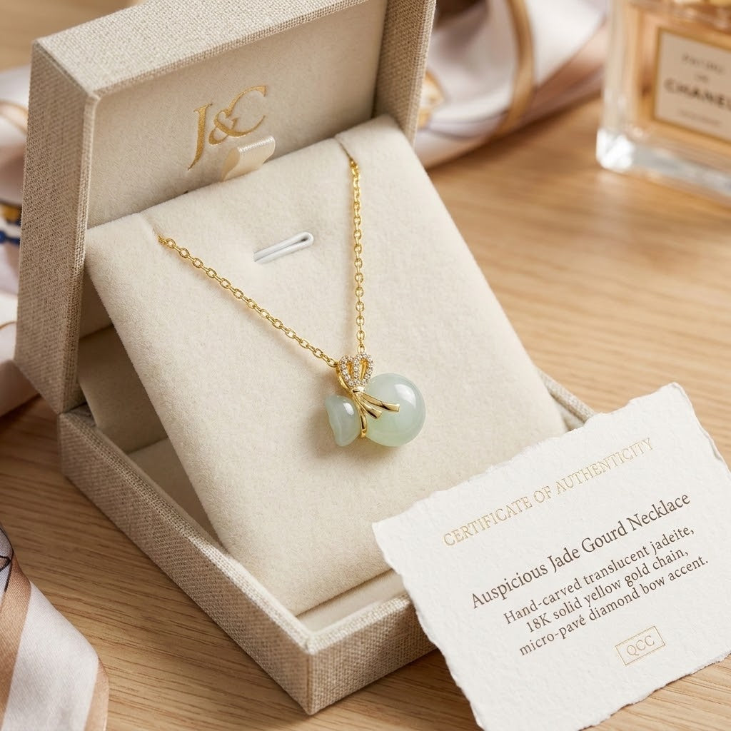 Gold-tone necklace with crown charm and light aqua bead pendant displayed in jewelry box