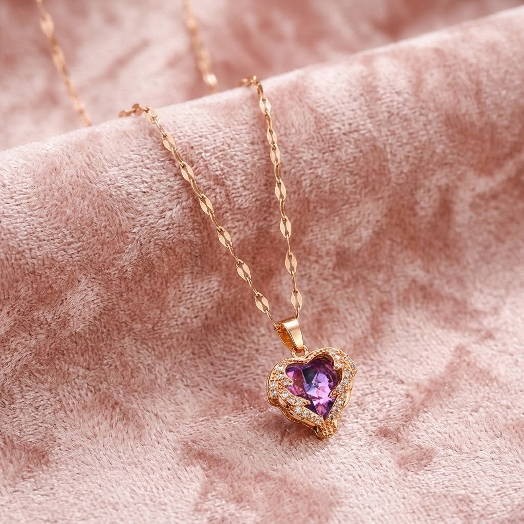 Rose gold heart halo pendant necklace with purple gemstone center and crystal trim