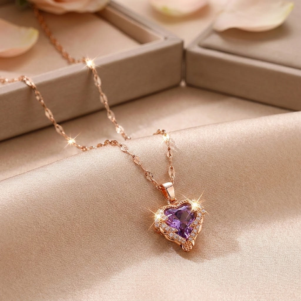 Rose gold heart halo pendant necklace with violet-purple gemstone and sparkle points