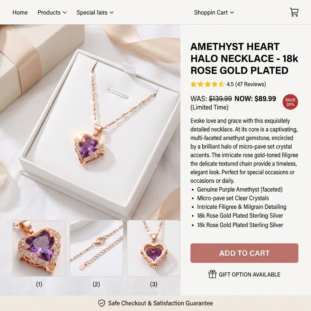 Heart halo necklace with purple gemstone pendant in gift box, rose gold chain