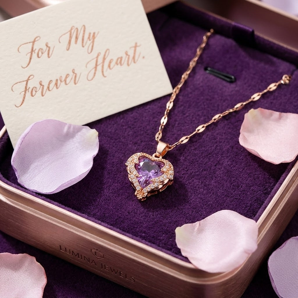 Rose gold heart halo pendant necklace with purple gemstone on velvet gift set