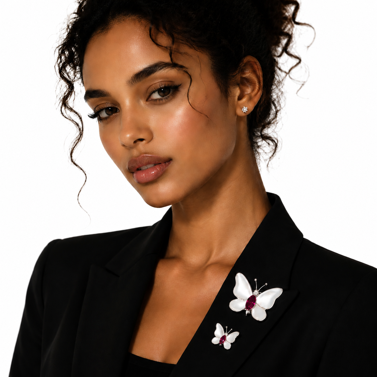 Luxury Butterfly Brooch Set – Pearl Wings with Ruby Gemstone, Elegant Jewelry for Women