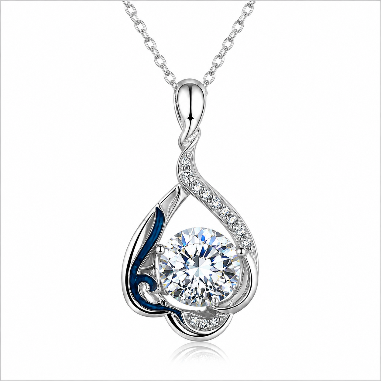 Elegant Cultivated Diamond Teardrop Pendant Necklace – Silver & Blue Enamel Accent  3.36 Carats