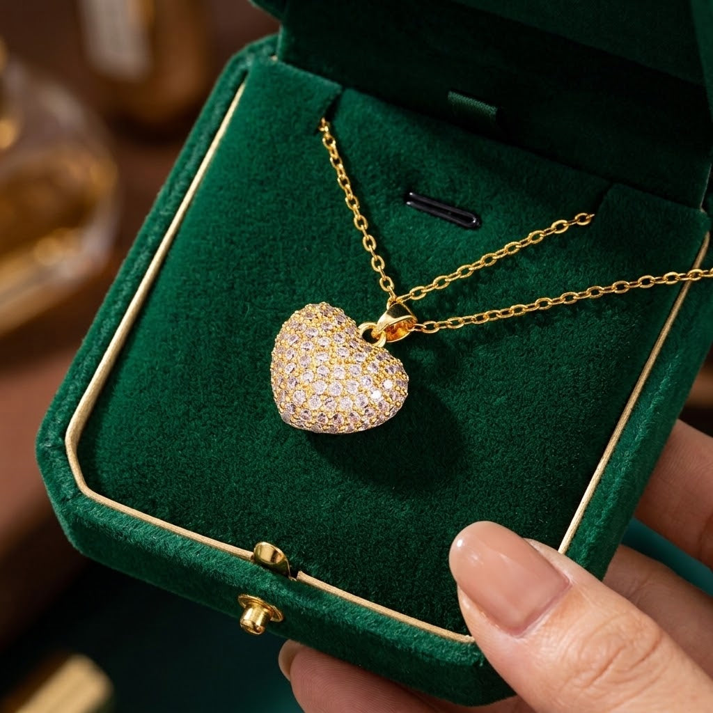 Gold-tone heart charm necklace with pavé crystal pendant