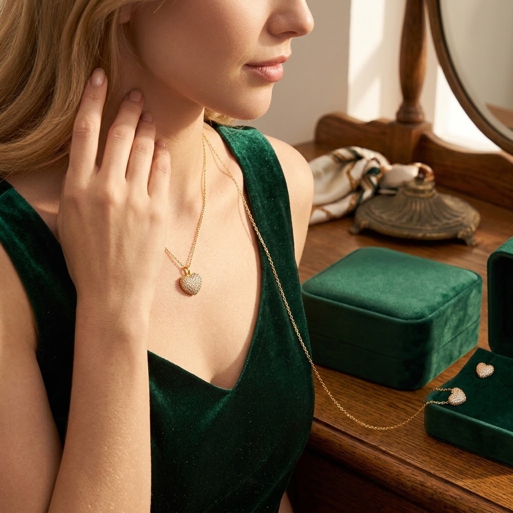 Heart charm necklace with a gold chain and pavé heart pendant