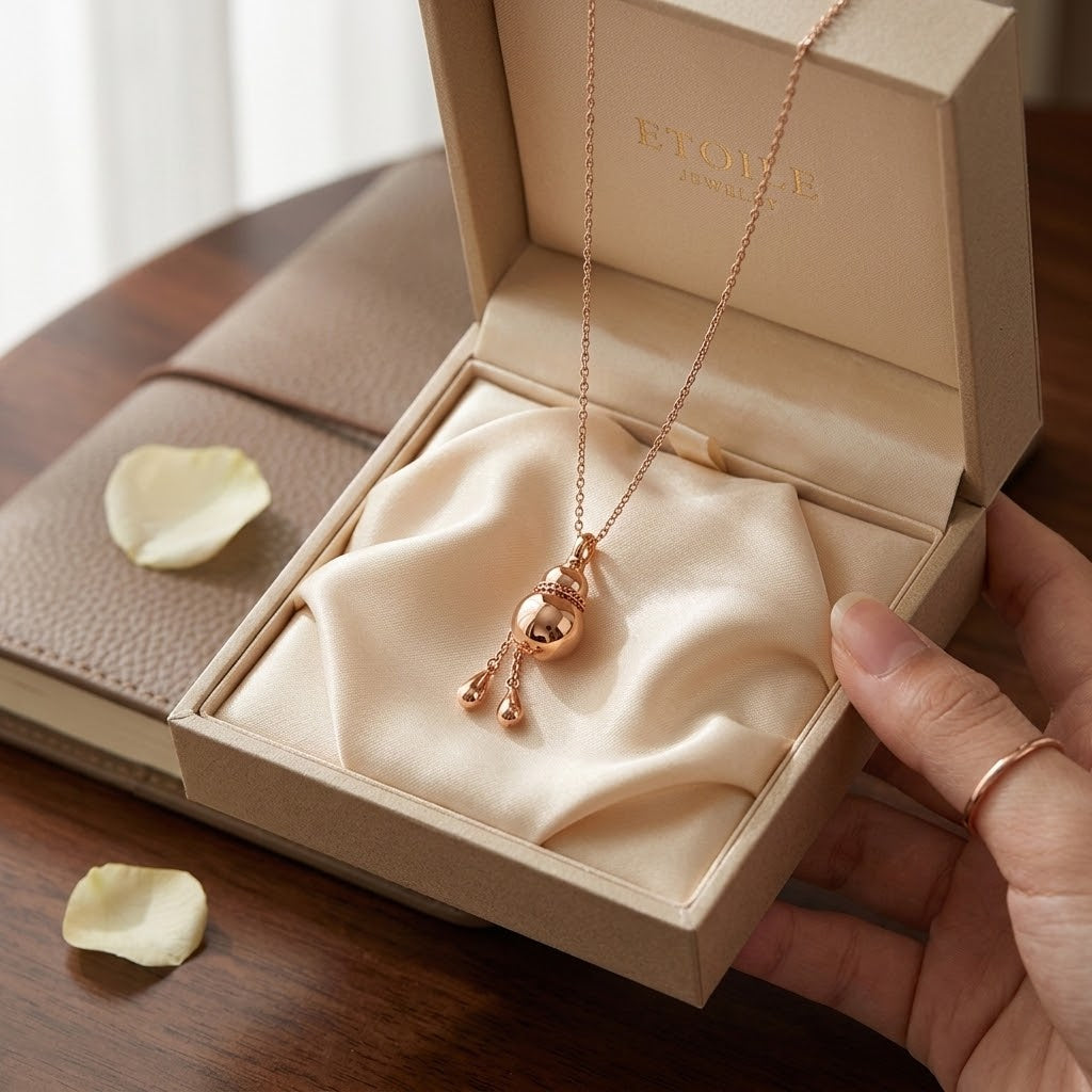 Rose gold mini gourd charm pendant necklace in gift box held by hand