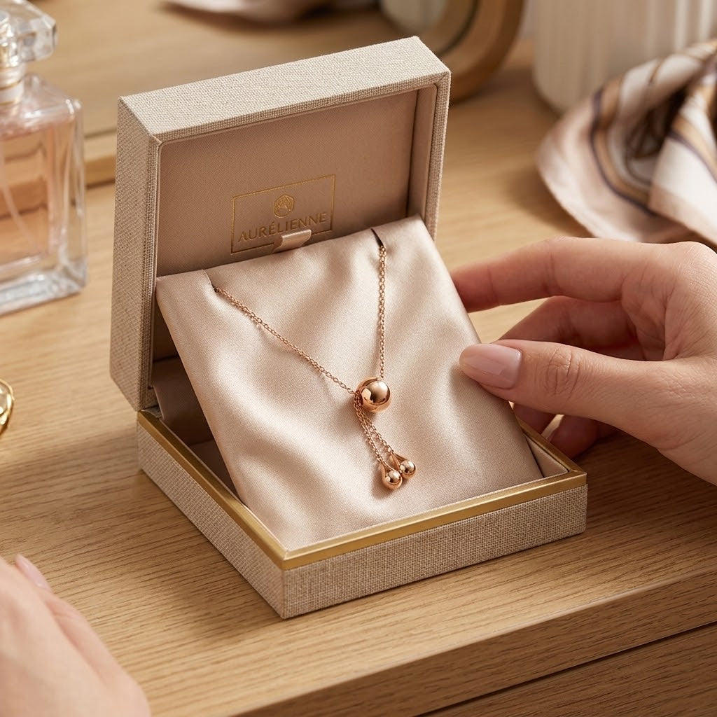 Rose gold mini gourd charm pendant necklace in jewelry box with long chain and pendant