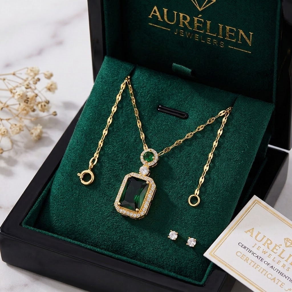 Gold-tone gemstone charm necklace with green square pendant, laid in velvet jewelry box