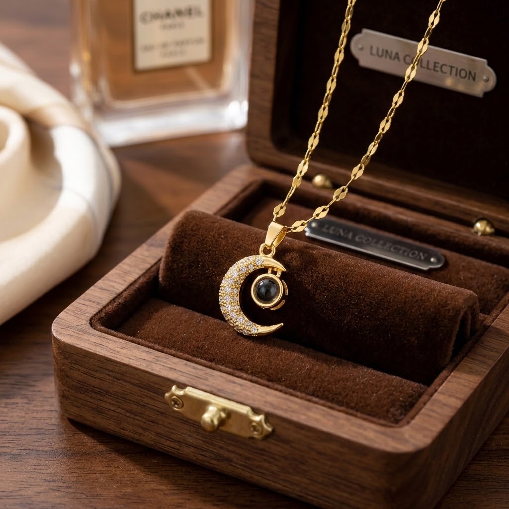 Gold crescent moon pendant necklace on a velvet jewelry box