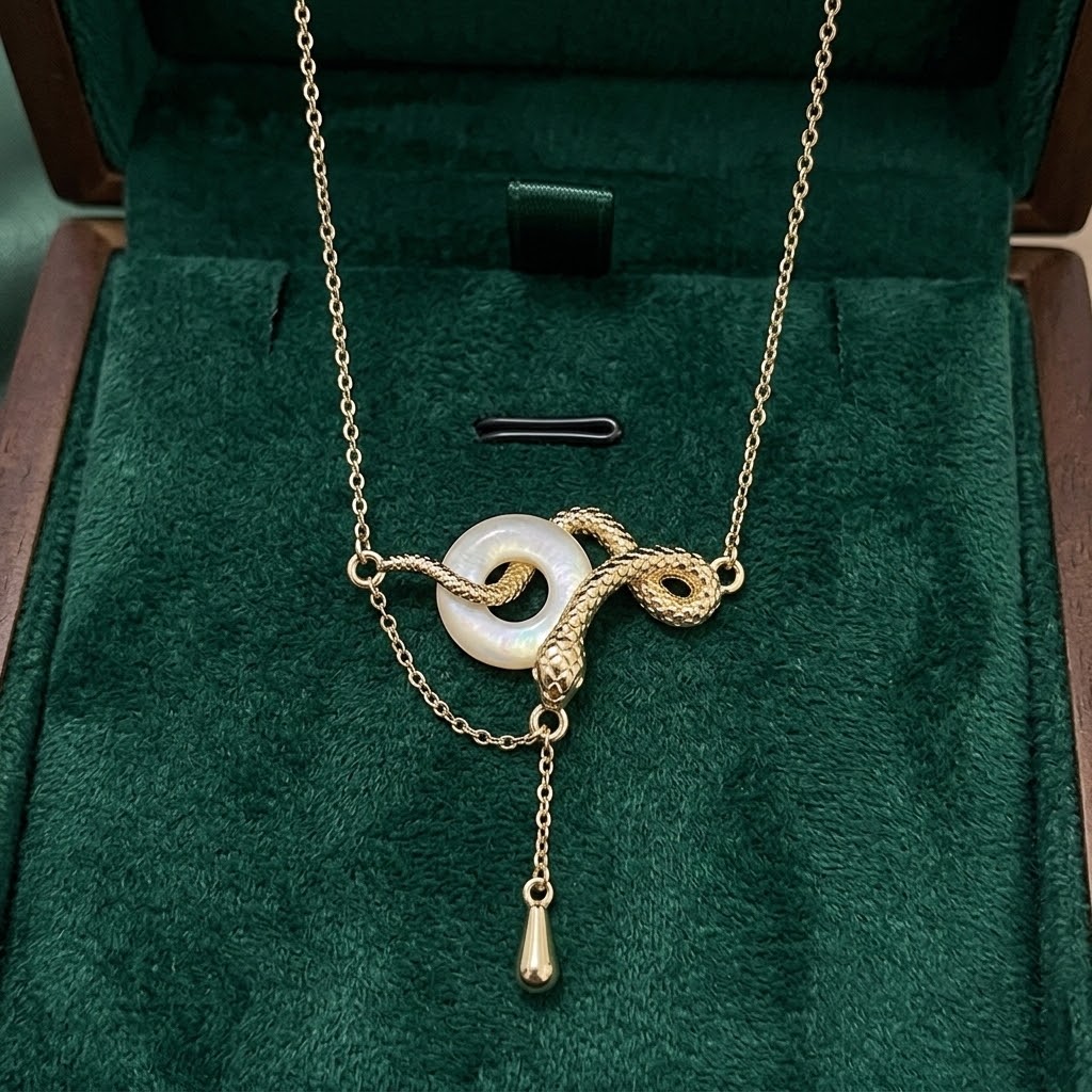 Gold-tone snake through-ring pendant necklace with white oval ring and tassel drop