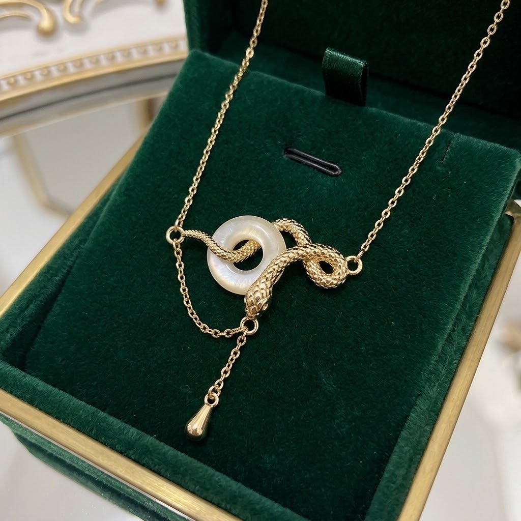 Gold-tone snake necklace pendant featuring a white ring centerpiece and dangling drop