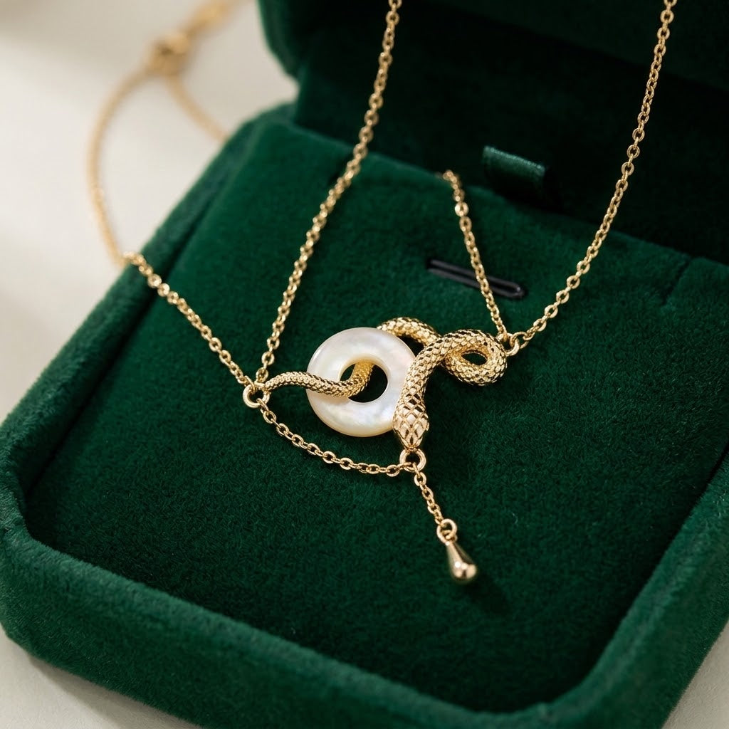 Gold-tone snake through ring pendant necklace with white oval center and small drop