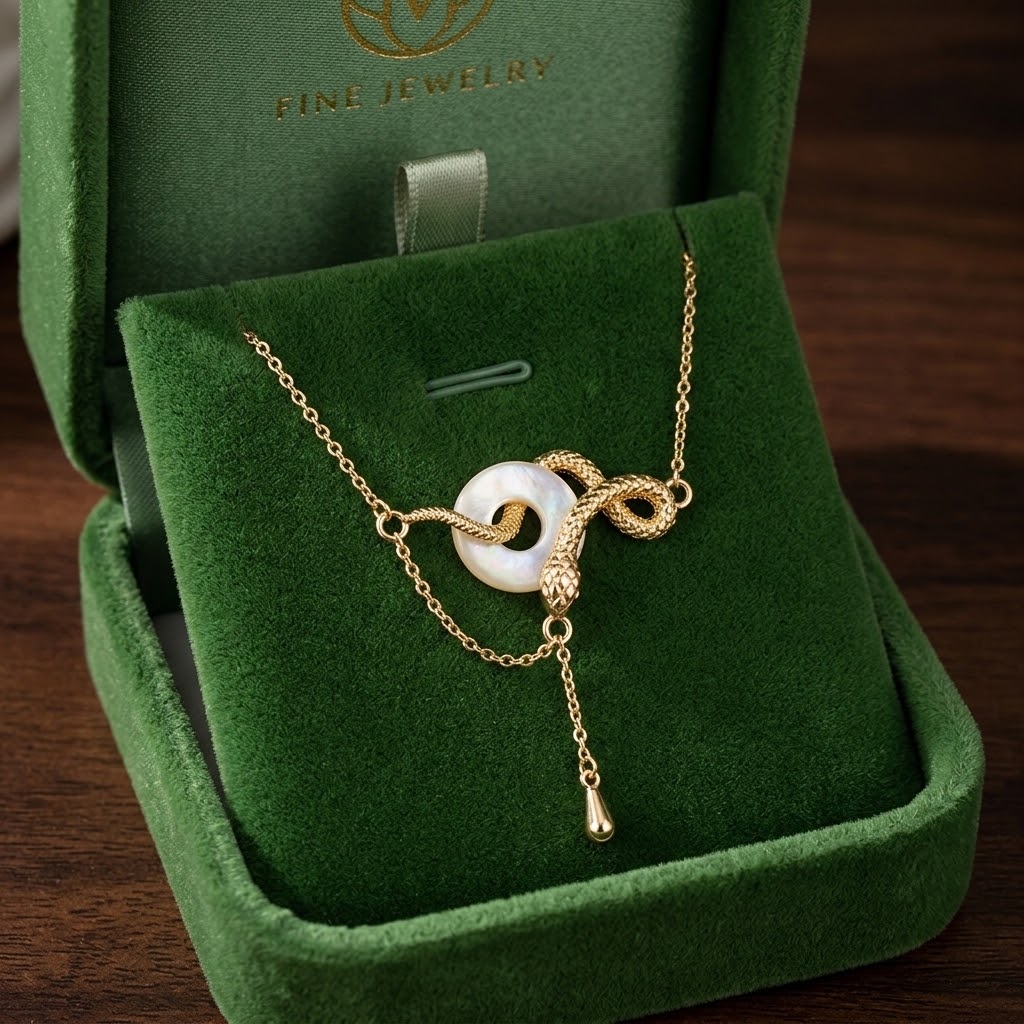 Gold-tone snake pendant necklace with white ring center and teardrop charm on chain