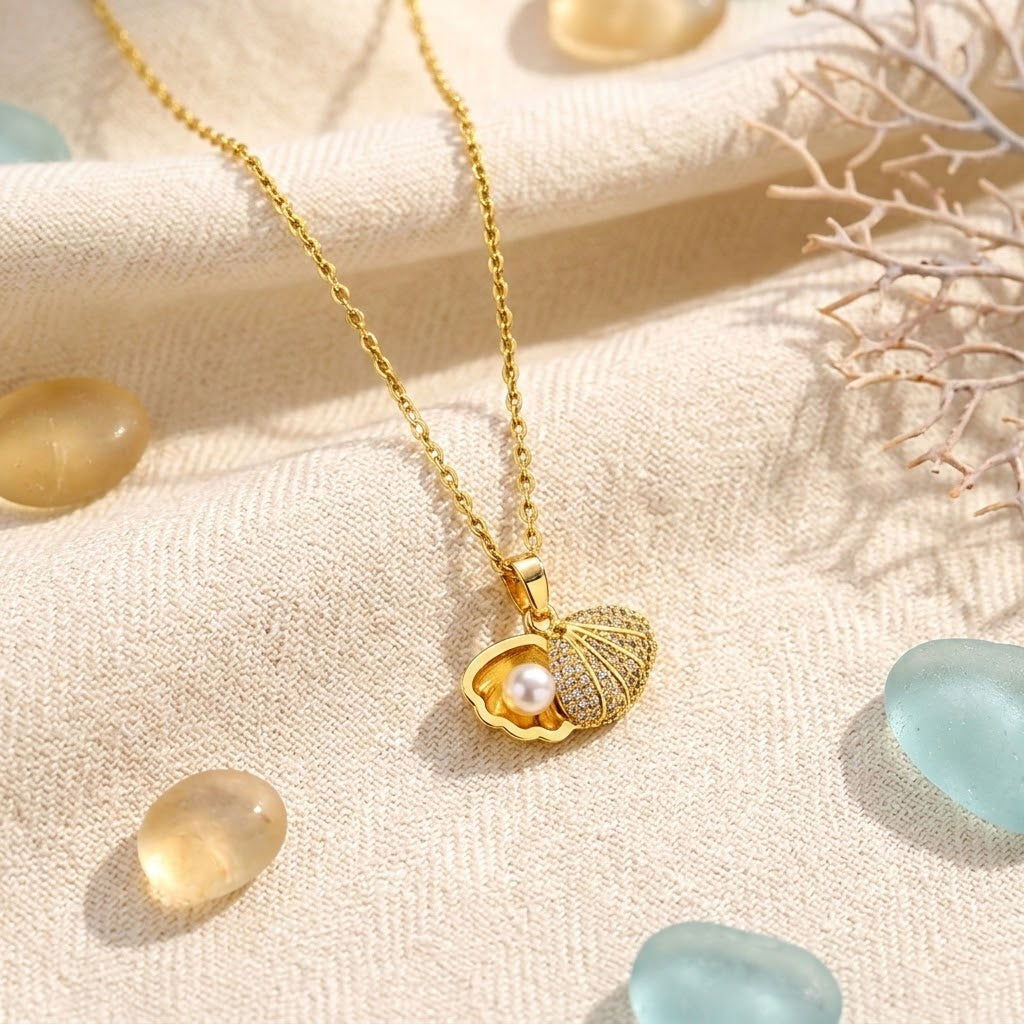 Gold shell charm necklace with pearl center and sparkling filigree seashell pendant