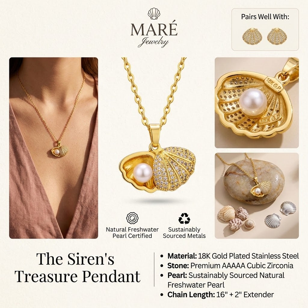 Gold necklace with seashell pendant featuring pearl and clear rhinestone detail