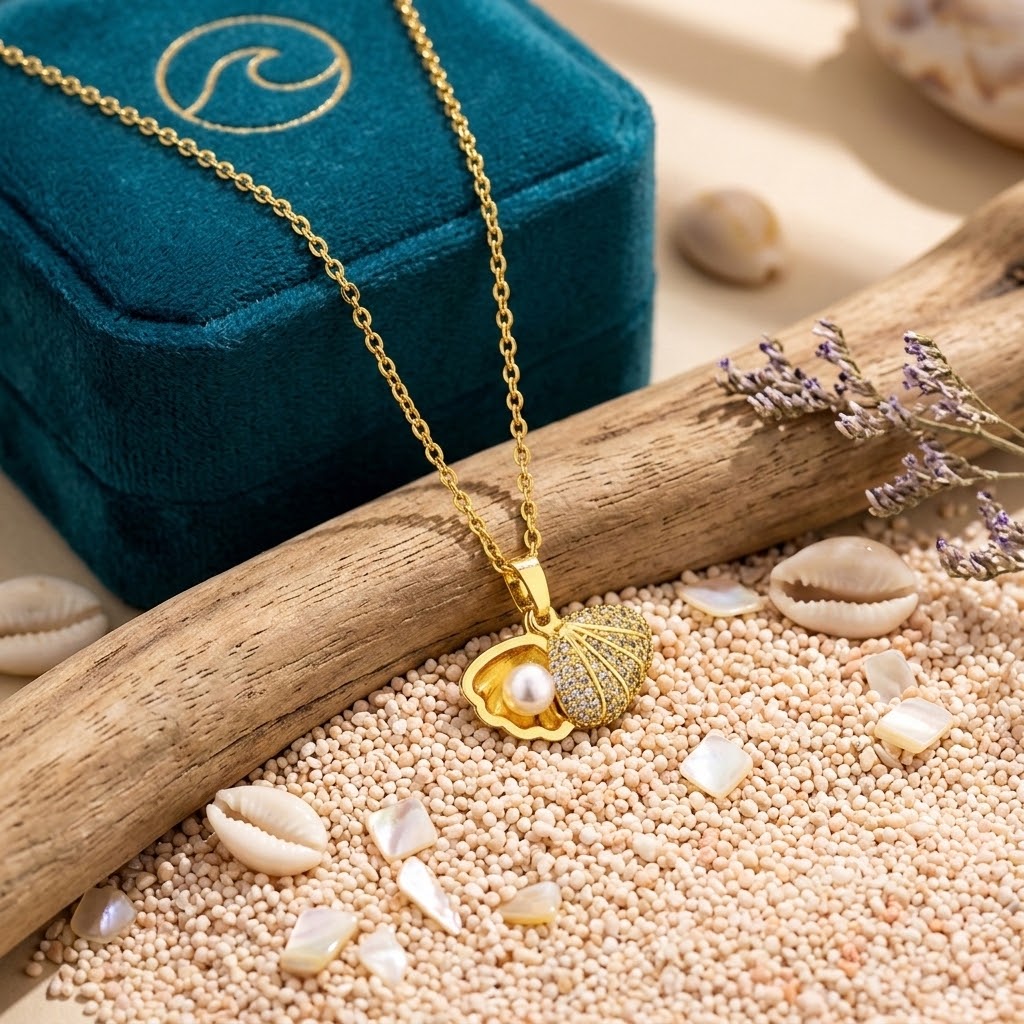 Gold seashell charm necklace with pearl drop and sparkling crystal-lined shell pendant