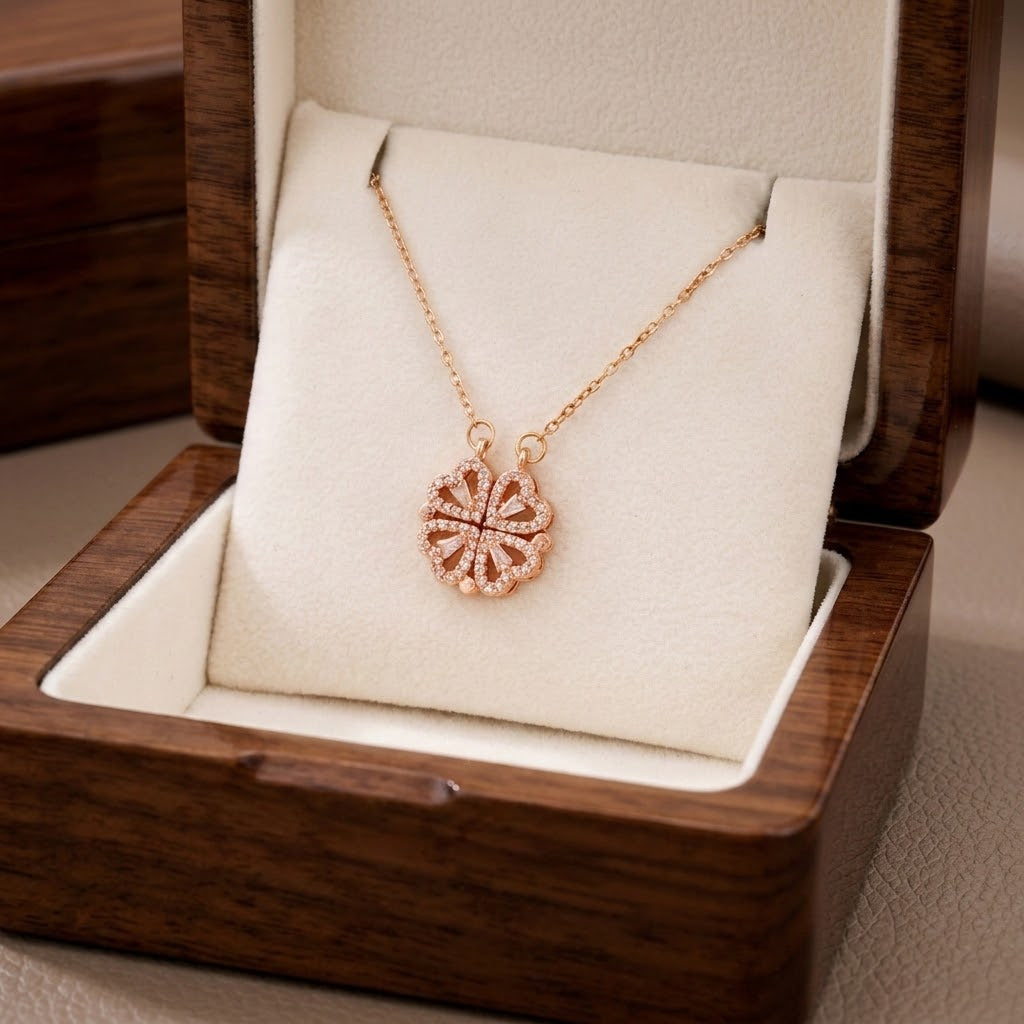 Rose-gold floral clover pendant necklace with linked chain and studded center